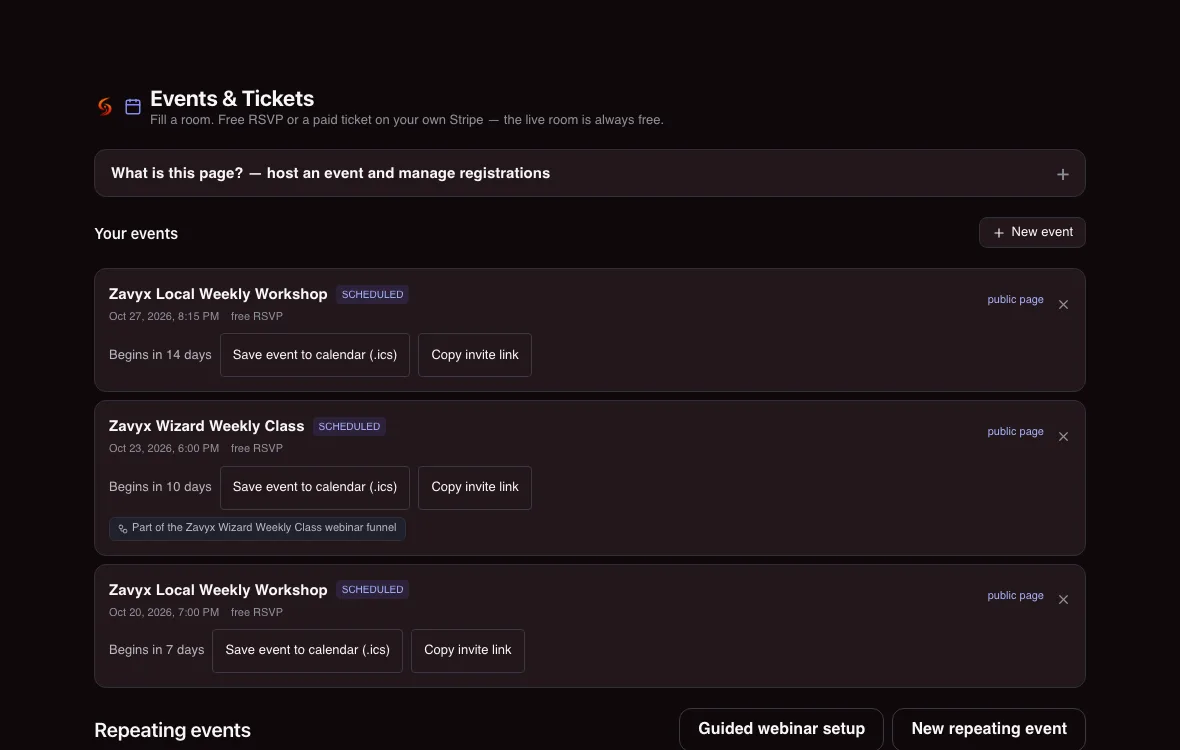 An events screen listing the same weekly workshop as separate dated events on October 20 and October 27, each with its own calendar file and invite link.